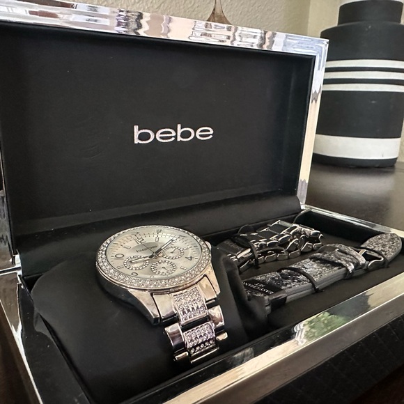 New! Bebe Silver Women’s  Watch Set w/ 2 bands - Picture 1 of 5